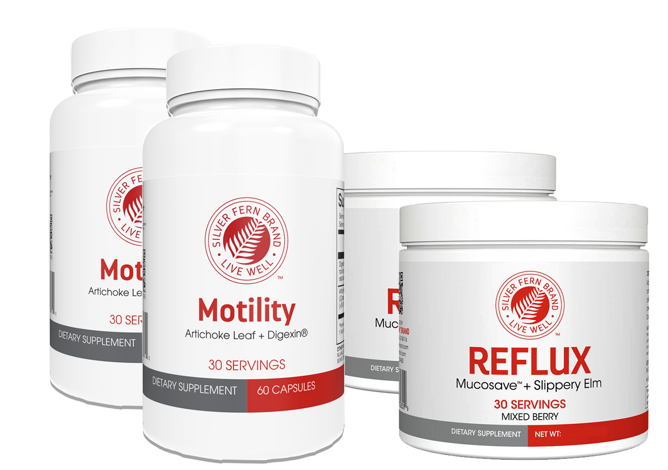 Two containers of dietary supplements, one labeled 'Motility' with 30 servings and the other labeled 'Reflux' with 60 servings. Both containers are white with red and grey text detailing the product's purpose and ingredients.