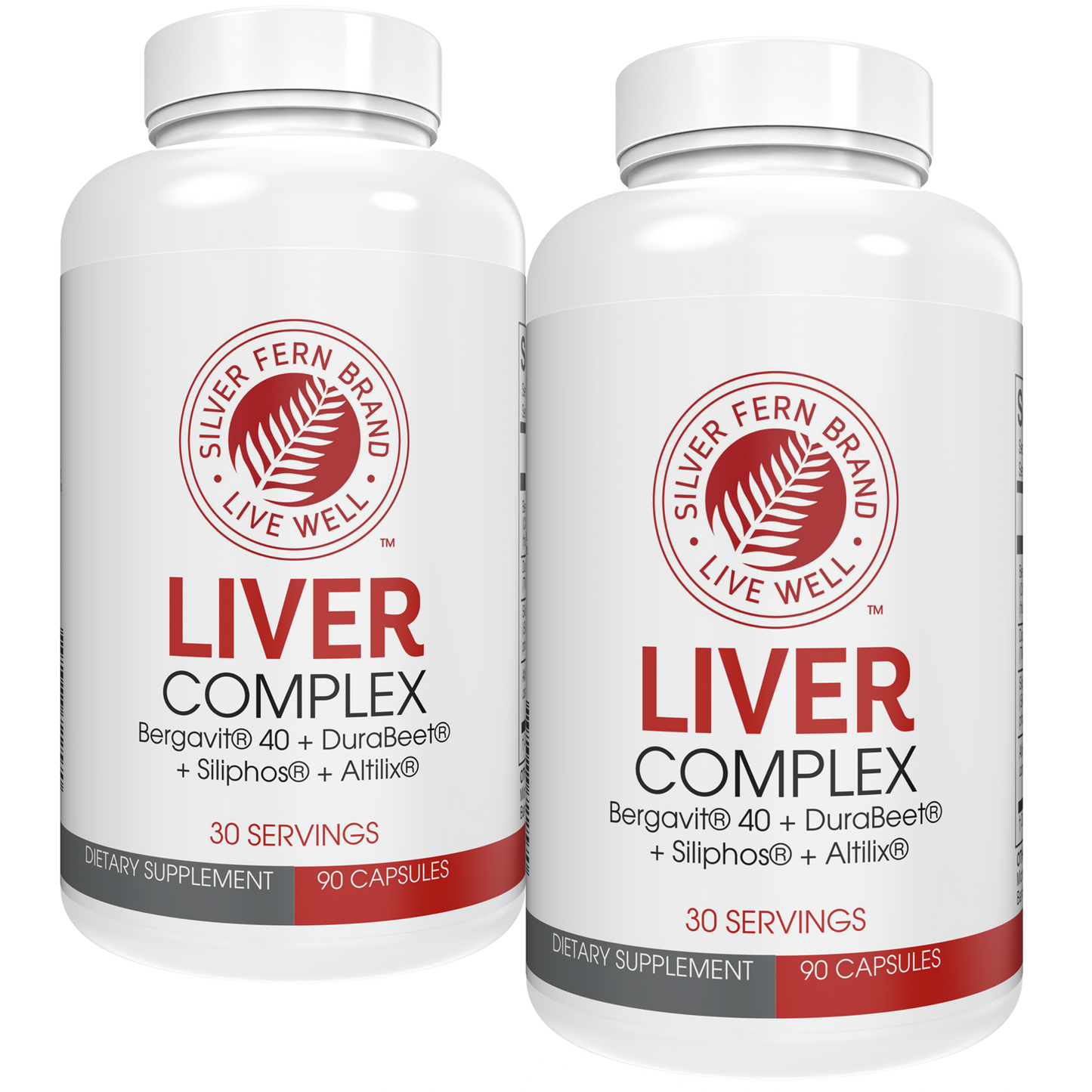 Two bottles of Silver Fern Brand Liver Complex dietary supplement on a white background