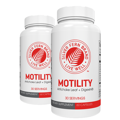 Two bottles of Silver Fern Brand Motility dietary supplements on a white background