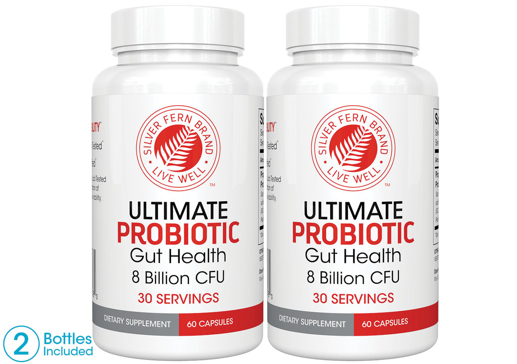 A bottle of Silver Fern Ultimate Probiotic supplement with the label showing '8 Billion CFU' and '30 servings'.