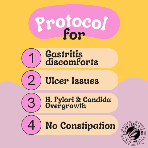 Protocol for gastritis discomforts, ulcer issues, h. pylori & candida overgrowth without constipation - gut health, reflux, cleanse