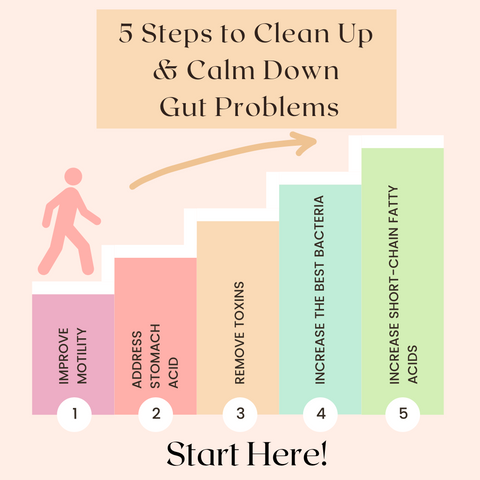 5 steps to Cleaning Up and Calming Down Gut Issues-SIBO, IBS, IBD, leaky gut, food intolerances, gas, bloating, constipation
