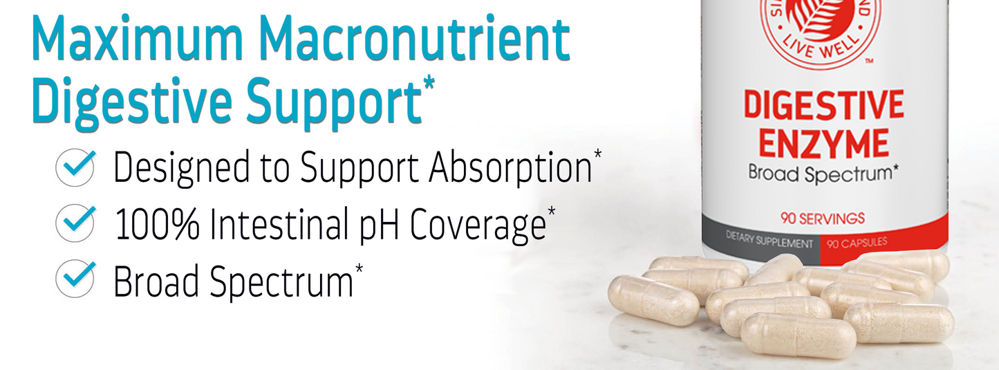 Digestive enzyme supplement with capsules and branding on a white background