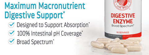 Digestive enzyme supplement with capsules and branding on a white background