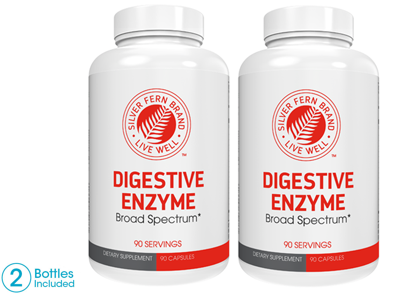 Two bottles of Silver Fern Brand Digestive Enzyme Broad Spectrum on a white background
