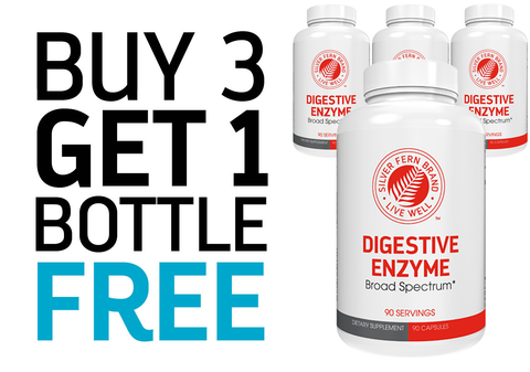 Promotional image of digestive enzyme supplement bottles with a buy 3 get 1 free offer.