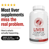 Liver supplement bottle with promotional text on a white background
