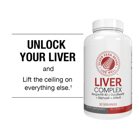 Supplement bottle labeled 'Liver Complex' with promotional text on a white background