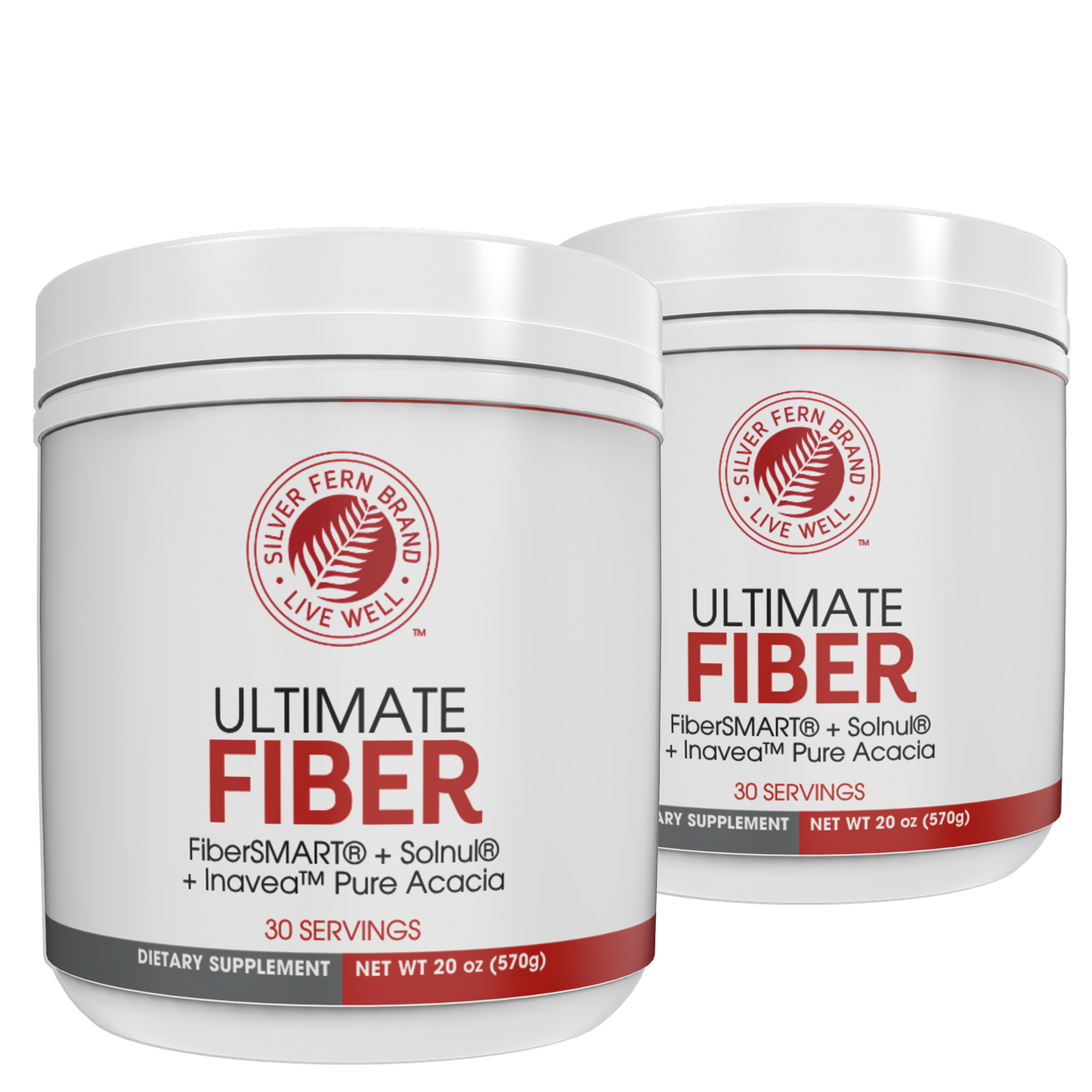 Two white plastic tubs of Silver Fern Brand Ultimate Fiber dietary supplement, featuring a white, red, and black label design.