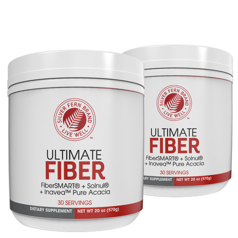 Two white plastic tubs of Silver Fern Brand Ultimate Fiber dietary supplement, featuring a white, red, and black label design.