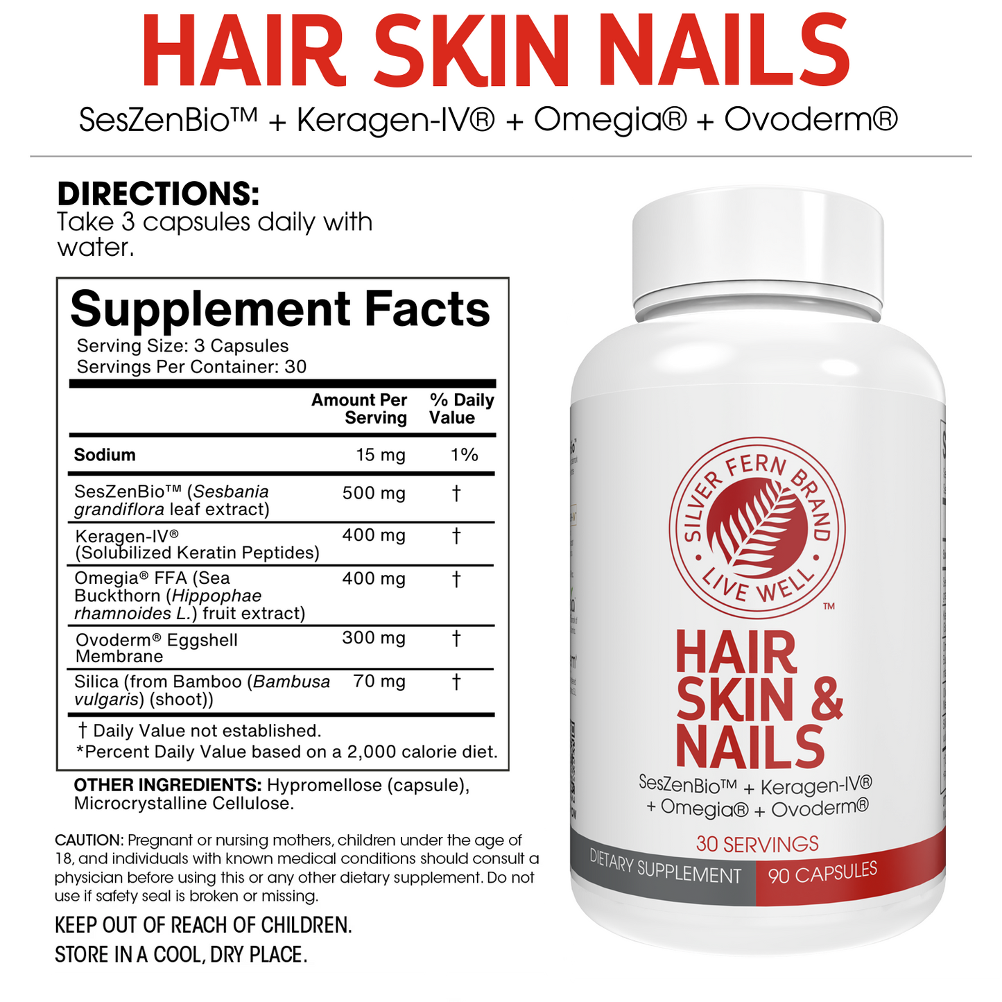 Supplement bottle for hair, skin, and nails with label and directions on a white background