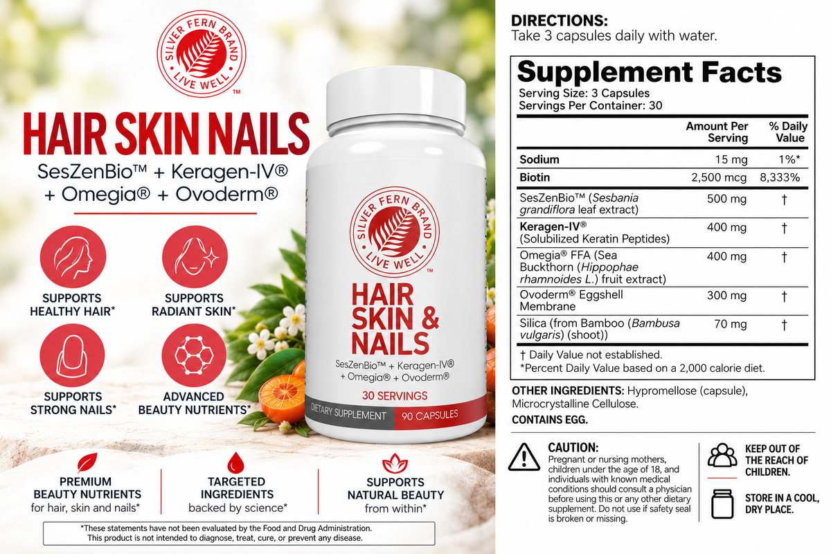 Hair Skin & Nails supplement bottle with Directions and Supplement Facts panels, plus product features and ingredients highlighted on a white background.