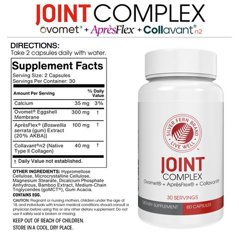 Joint Complex dietary supplement bottle and supplement facts label. The white bottle with a white cap features a red and white label with the brand name 'JOINT COMPLEX' and 'SUGAR FERN FEELING LIFE WELL.