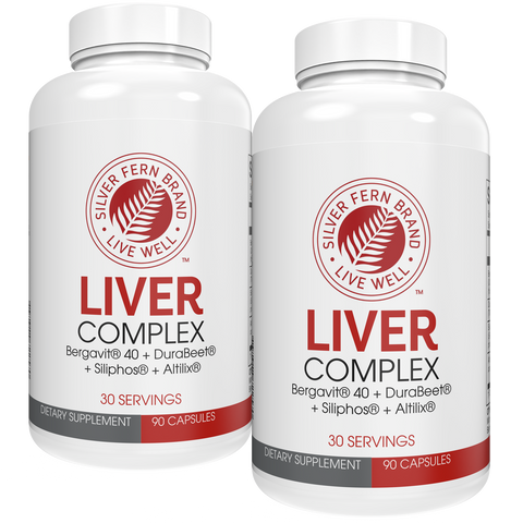 Two bottles of Silver Fern Brand Liver Complex dietary supplement on a white background