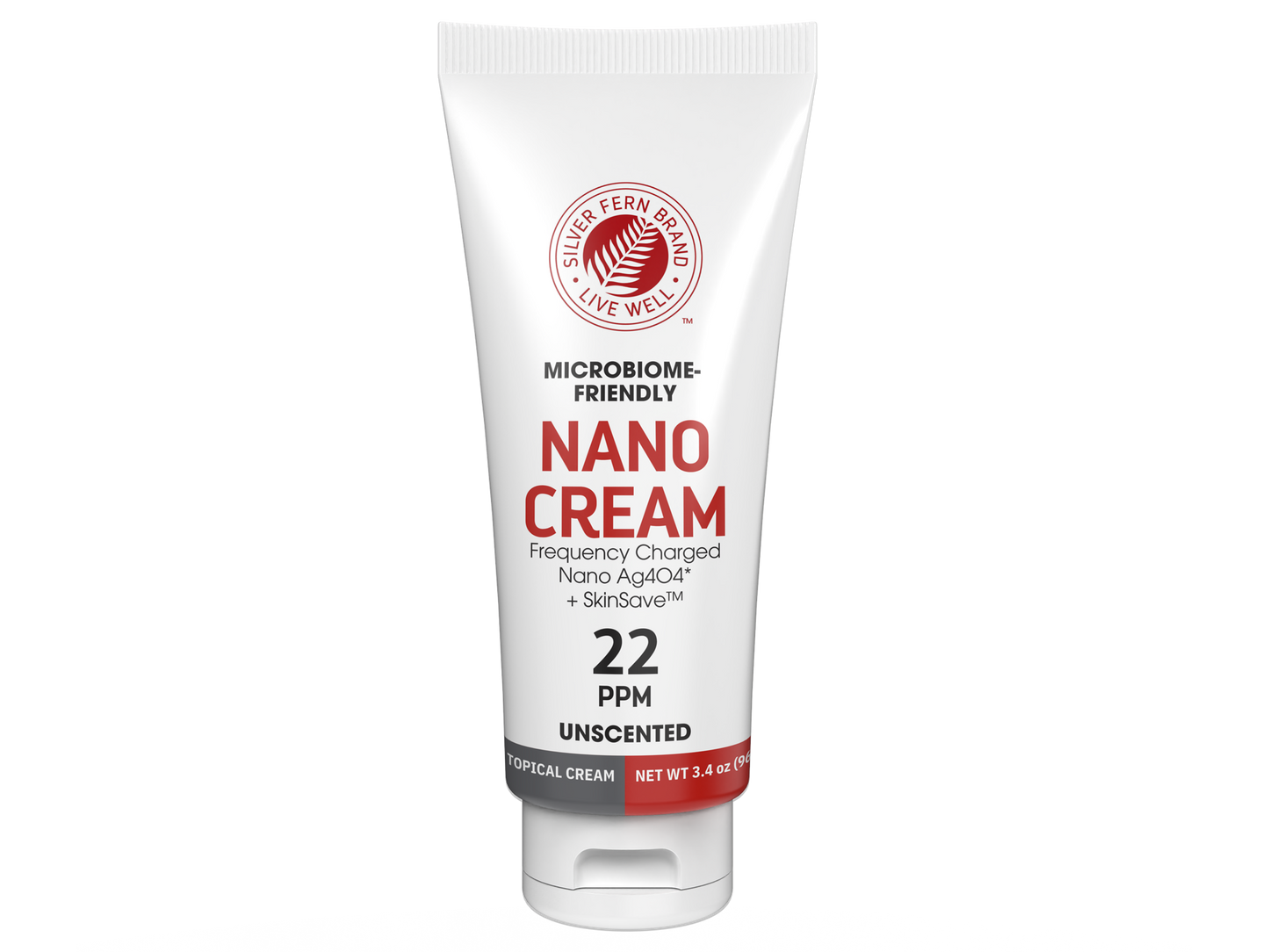 Tube of nano cream with branding and product details on a white background