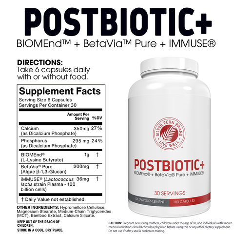 Supplement bottle labeled 'POSTBIOTIC+' with directions and supplement facts on a white background