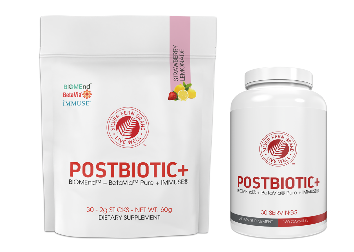 Postbiotic supplement packaging with white container and strawberry lemonade flavor on a white background