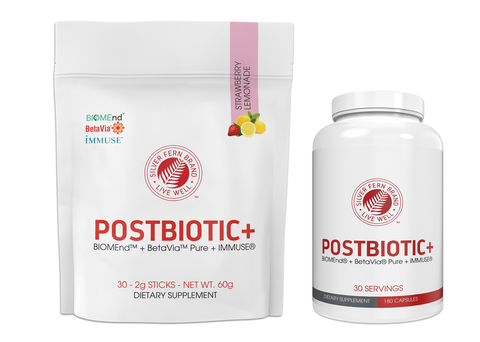 Postbiotic supplement packaging with white container and strawberry lemonade flavor on a white background