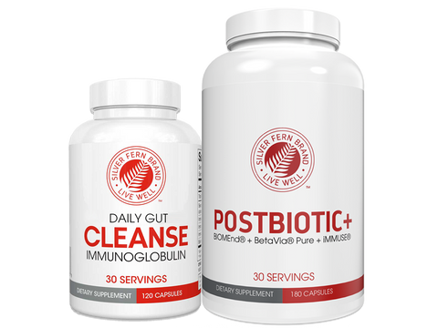 Two supplement bottles labeled 'Daily Gut Cleanse Immunglobulin' and 'Postbiotic+' on a white background.