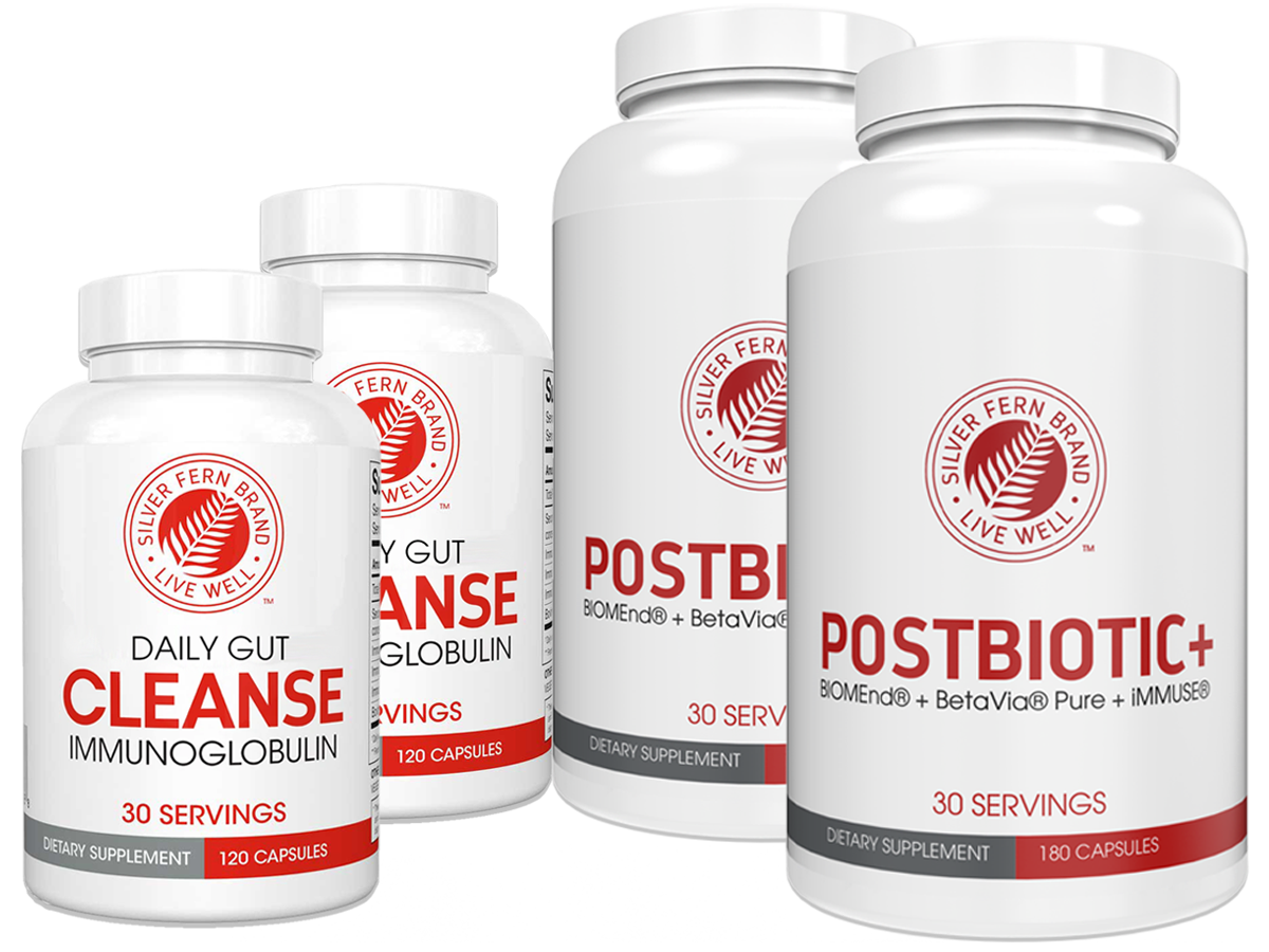 Four white supplement bottles with red and black text on a white background