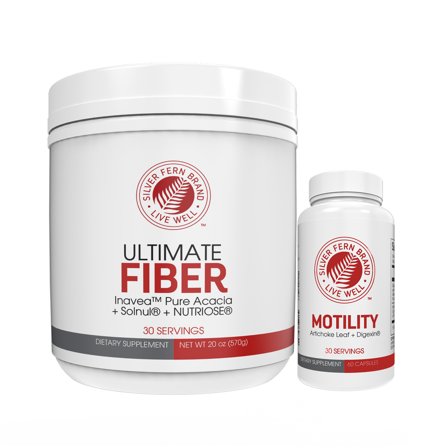 Supplement containers labeled 'Ultimate Fiber' and 'Motility' by Silver Fern Brand on a white background.