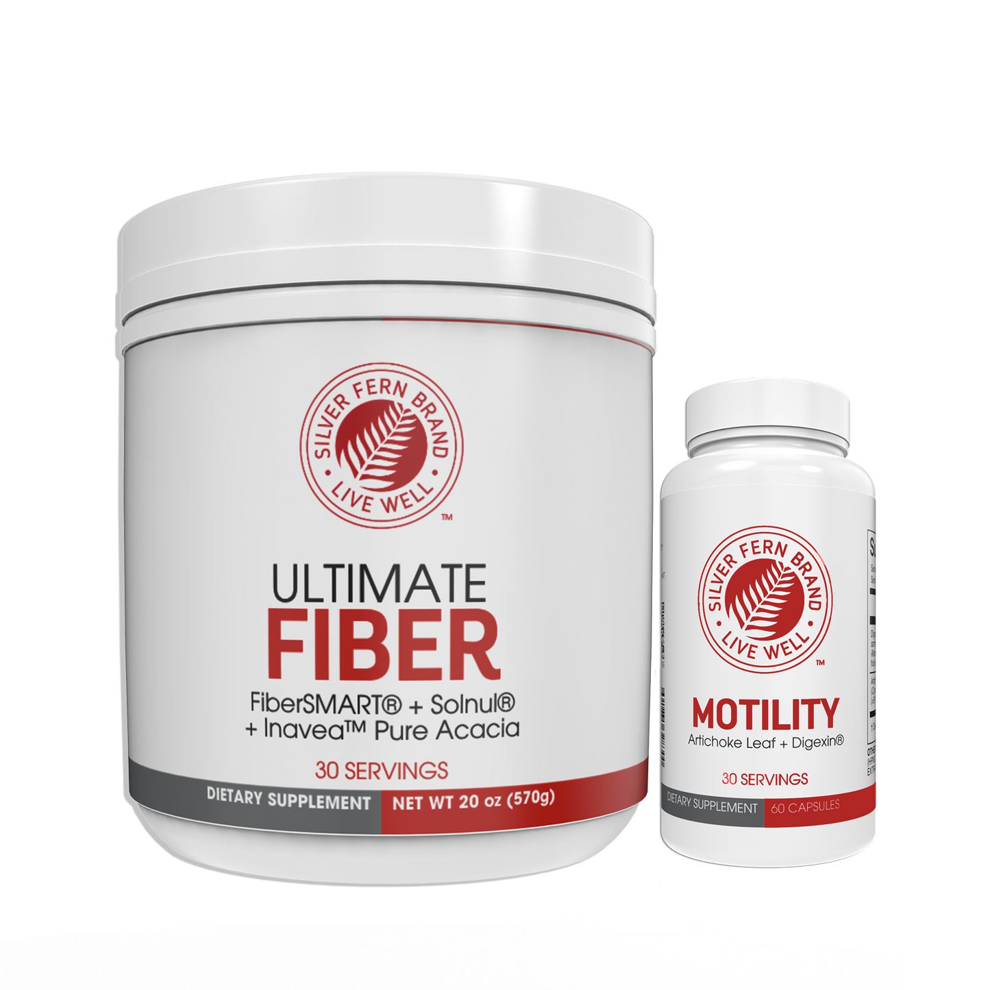 Supplement containers labeled 'Ultimate Fiber' and 'Motility' by Silver Fern Brand on a white background.