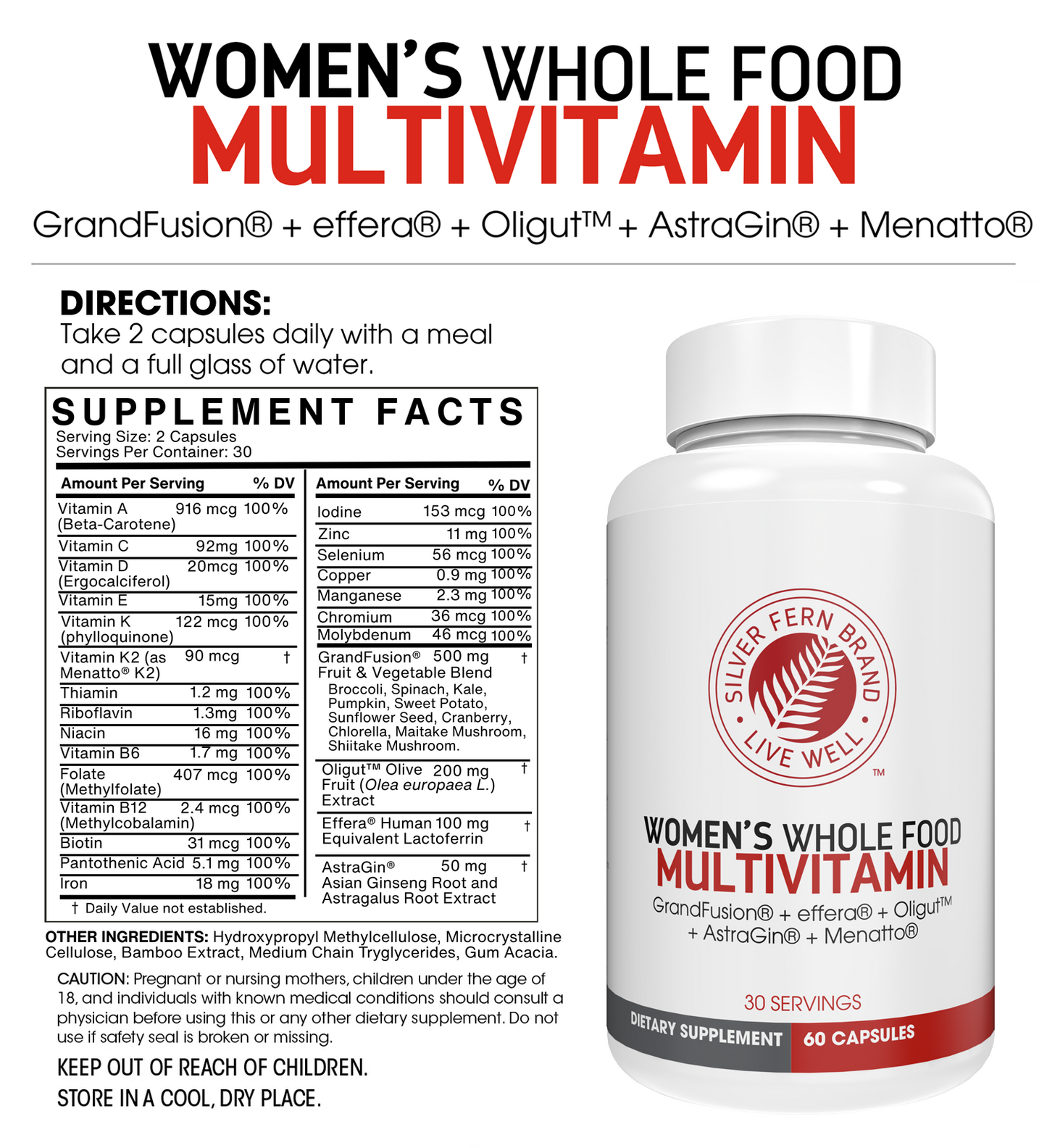 Women's whole food multivitamin supplement with label and bottle on a white background
