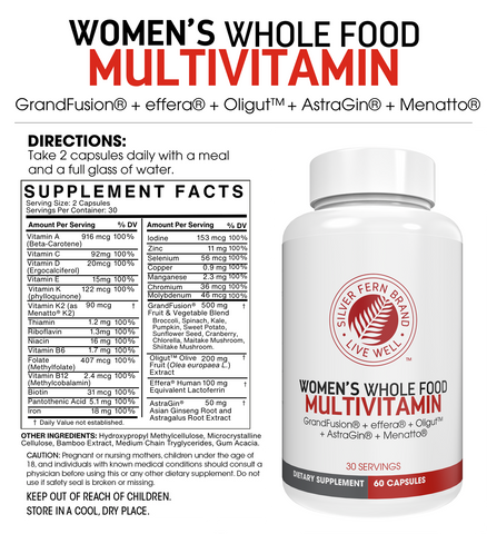Women's whole food multivitamin supplement with label and bottle on a white background
