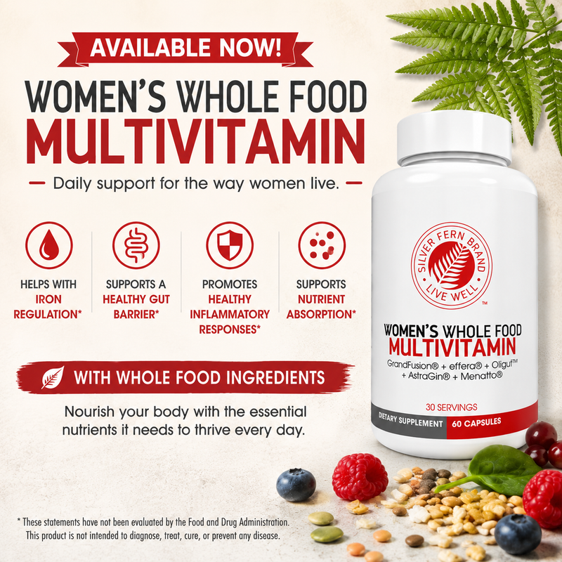 Super Fern Women's Whole Food Multivitamin bottle with ingredients and promotional text on a light background
