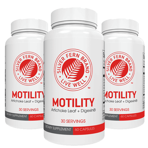 Three bottles of Silver Fern Brand Motility supplements on a white background