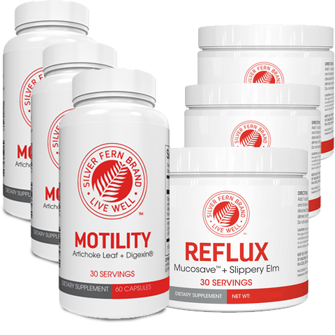 Supplement bottles labeled 'Motility' and 'Reflux' from Silver Fern Brand on a white background.