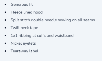 List of product features on a gray background