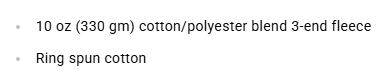 Text describing 10 oz cotton/polyester blend 3-end fleece with ring spun cotton